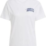 اديداس تي شيرت كوليجيت باكمام قصيرة مزين برسومات للنساء، لون ابيض، مقاس L